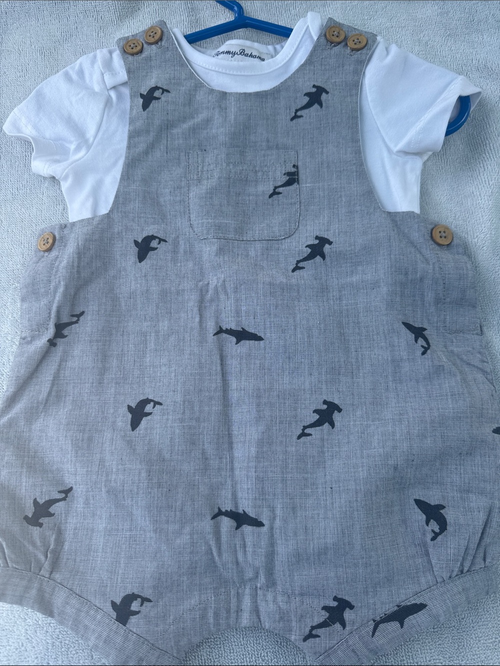 Ready for the beach - Tommy Bahama Gray Shark Print Baby Romper Set